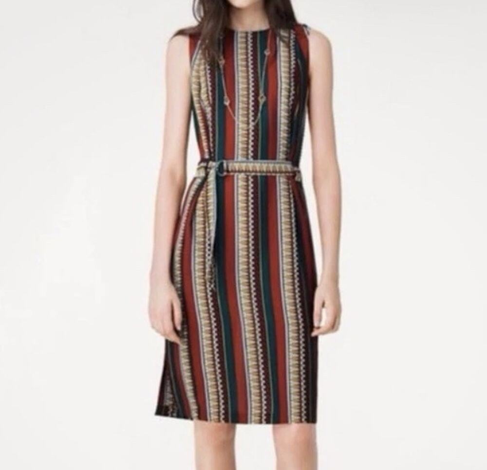 Tory Burch Julia Dress 8 Green Oceano Eden Striped Silk Sheath EUC *Missing Belt